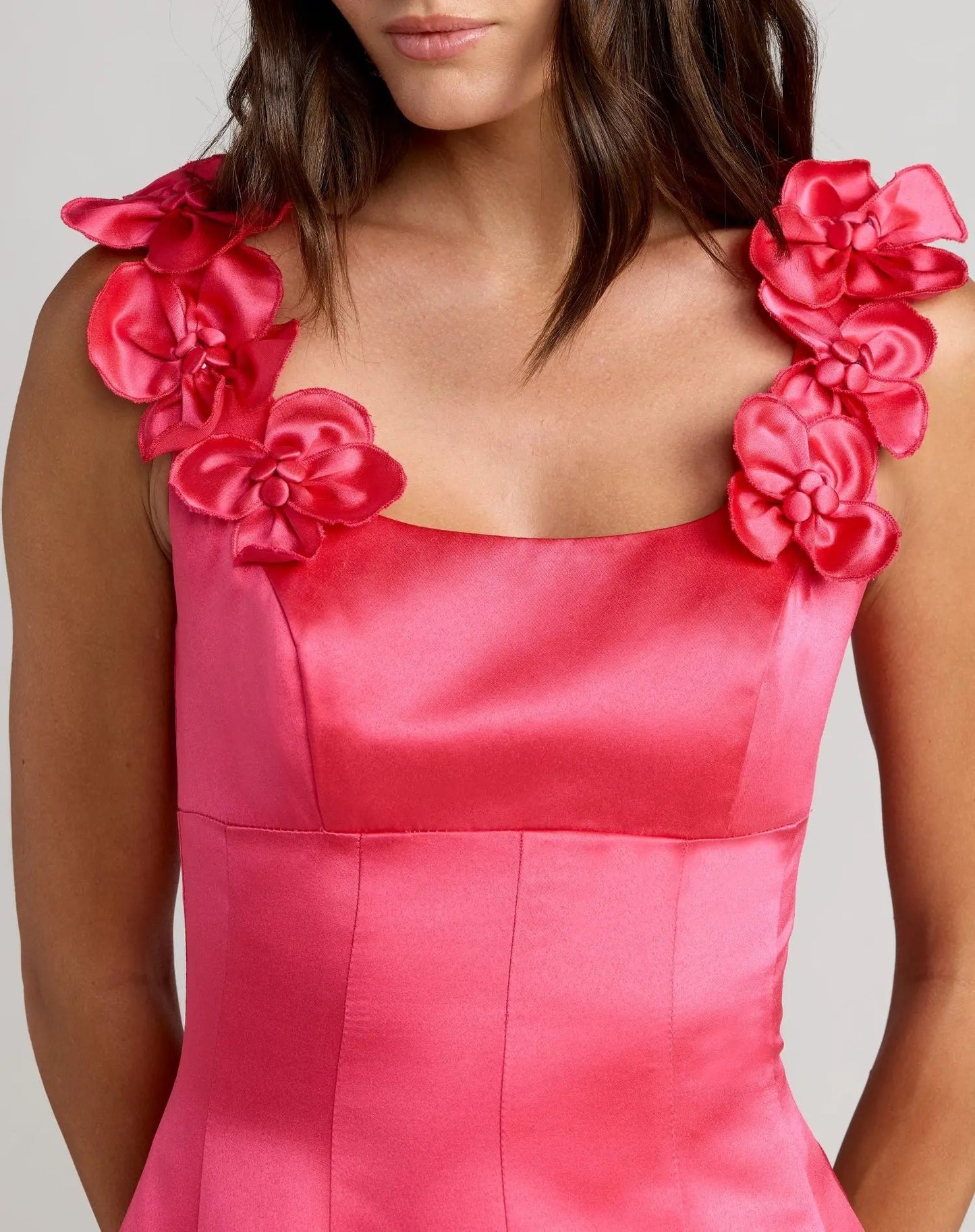 Pink Sleeveless Satin Ball Gown With 3D Flower Straps
