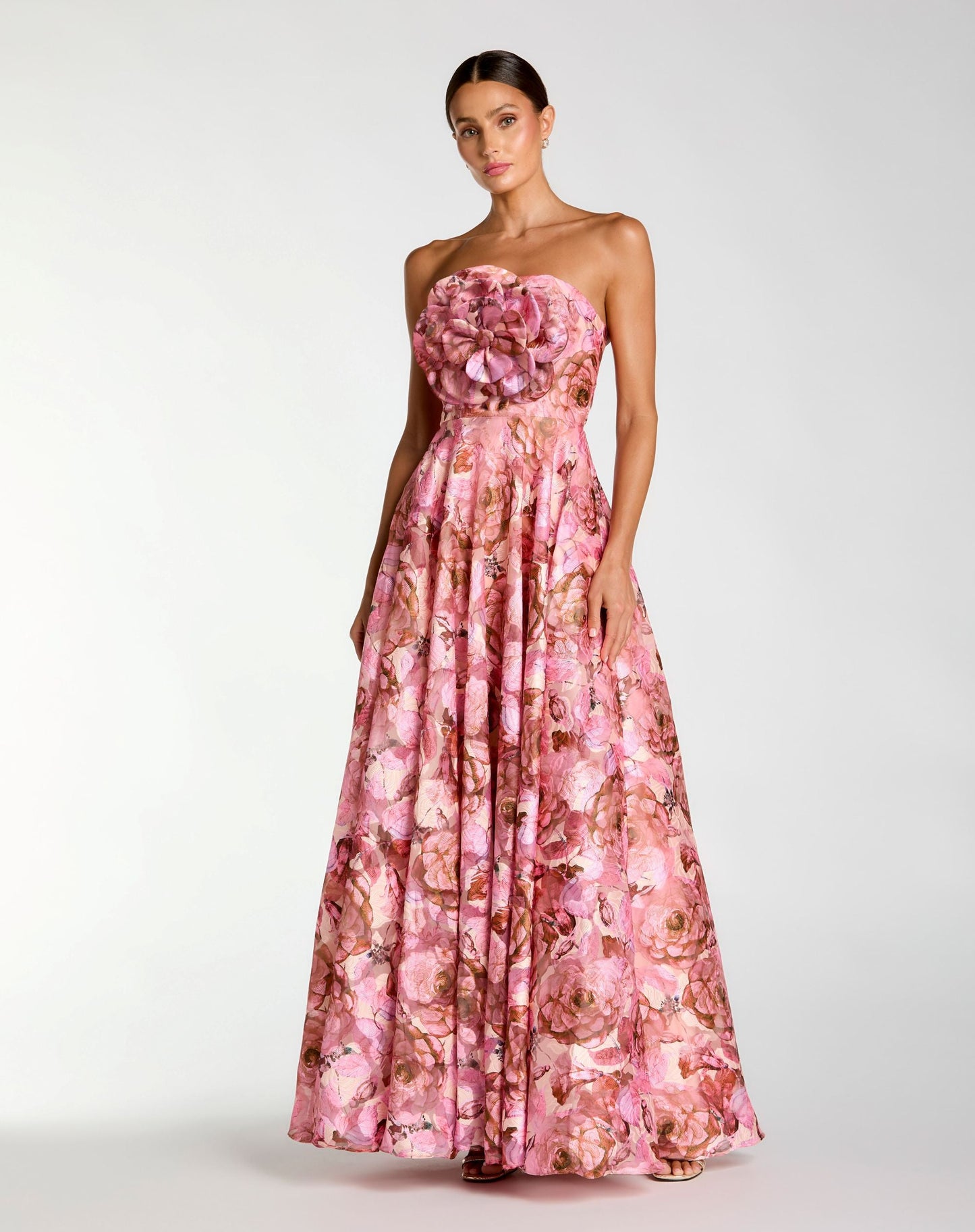 Pink Strapless Floral Printed A-Line Gown With 3D Flower