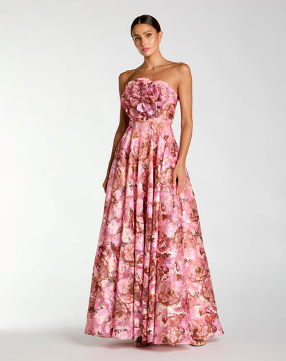 Pink Strapless Floral Printed A-Line Gown With 3D Flower
