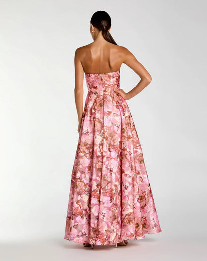 Pink Strapless Floral Printed A-Line Gown With 3D Flower