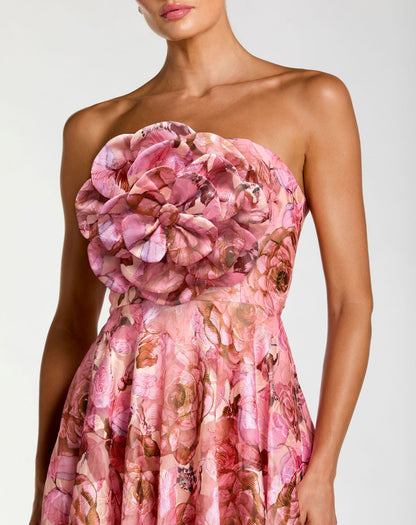 Pink Strapless Floral Printed A-Line Gown With 3D Flower