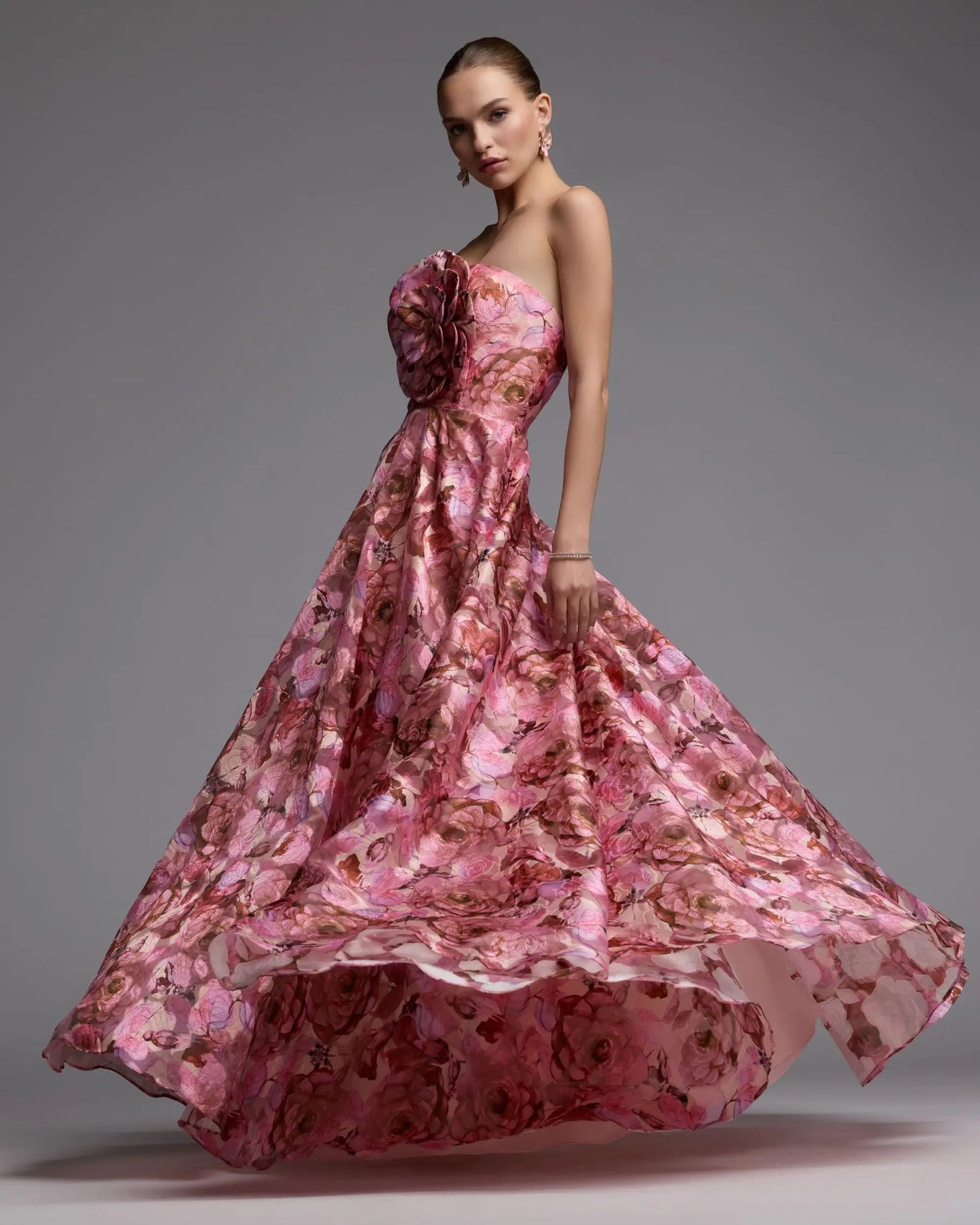Pink Strapless Floral Printed A-Line Gown With 3D Flower