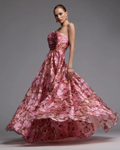 Pink Strapless Floral Printed A-Line Gown With 3D Flower
