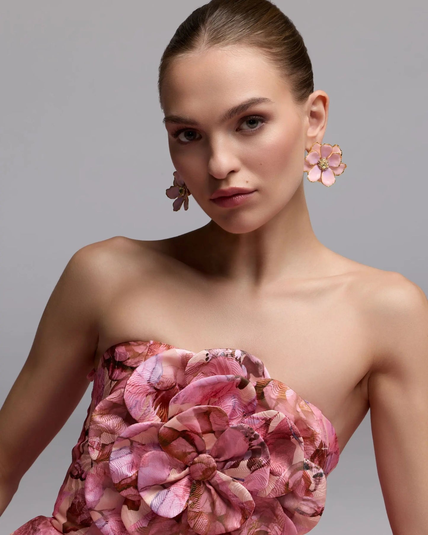 Pink Strapless Floral Printed A-Line Gown With 3D Flower