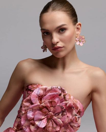 Pink Strapless Floral Printed A-Line Gown With 3D Flower