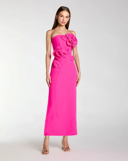 Pink Strapless Crepe Dress With 3D Flower Detail
