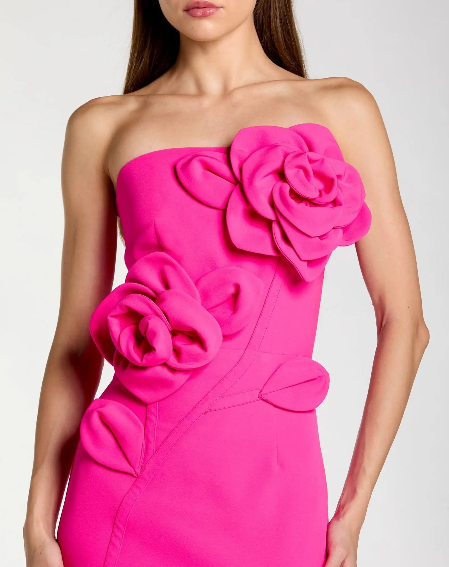 Pink Strapless Crepe Dress With 3D Flower Detail