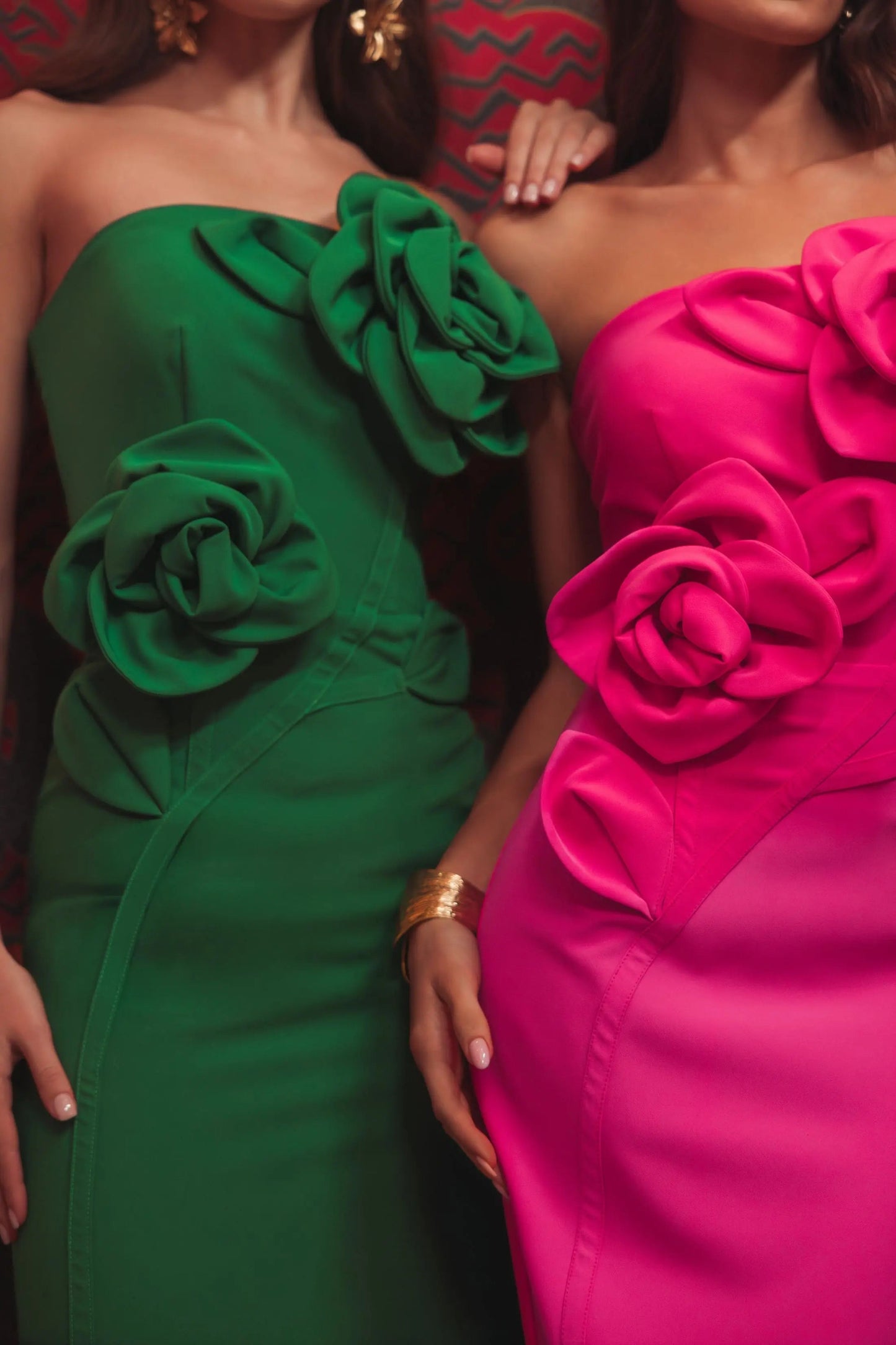 Pink Strapless Crepe Dress With 3D Flower Detail