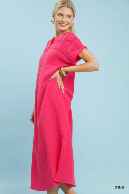 Hazel Blues® |  Umgee Button-Front Gauze Midi Dress with Lace Detail