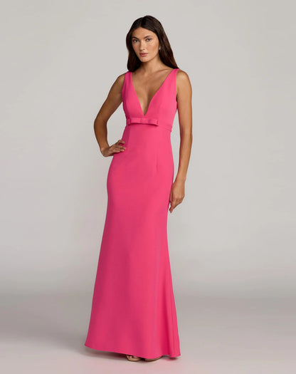 Pink Crepe V-Neck Mermaid Gown with Bow