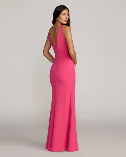 Pink Crepe V-Neck Mermaid Gown with Bow