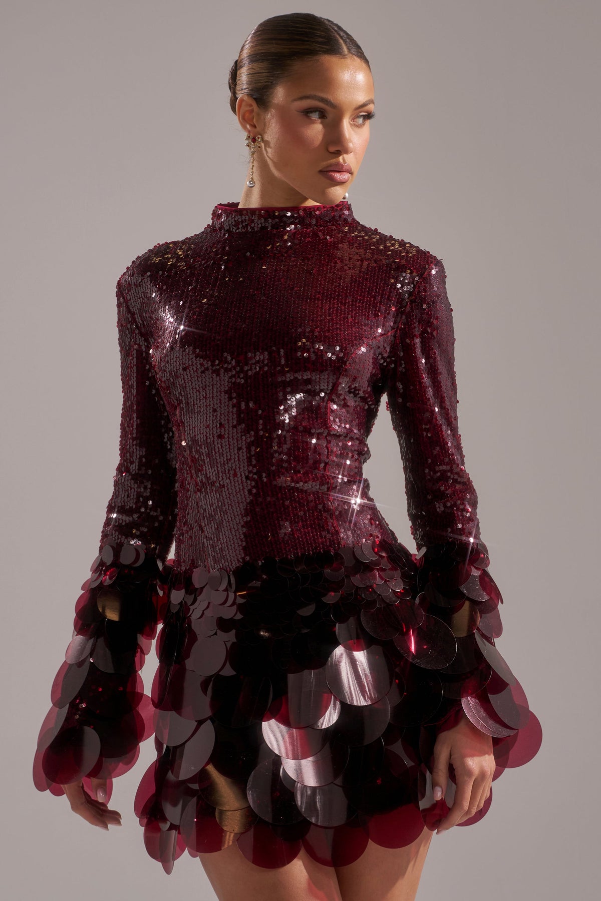 THE MOMENT SEQUIN MINI DRESS IN BURGUNDY