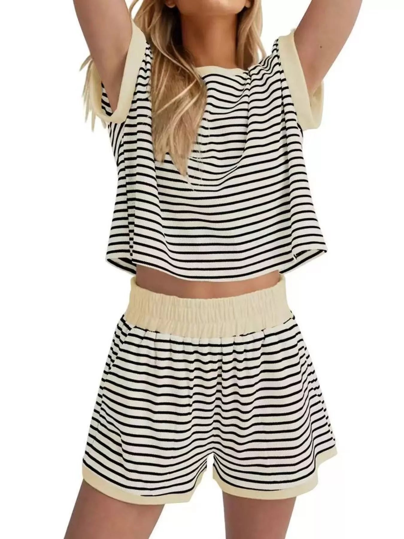 Hazel Blues® | Striped Round Neck Top and Shorts Set