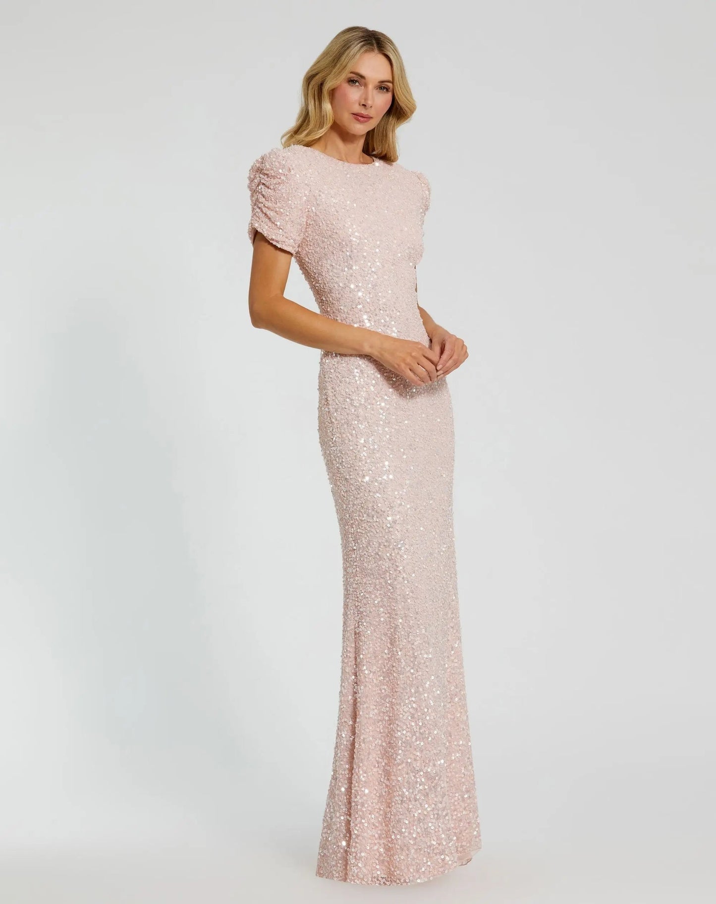 Pink Gathered Short Sleeve Embellished Gown