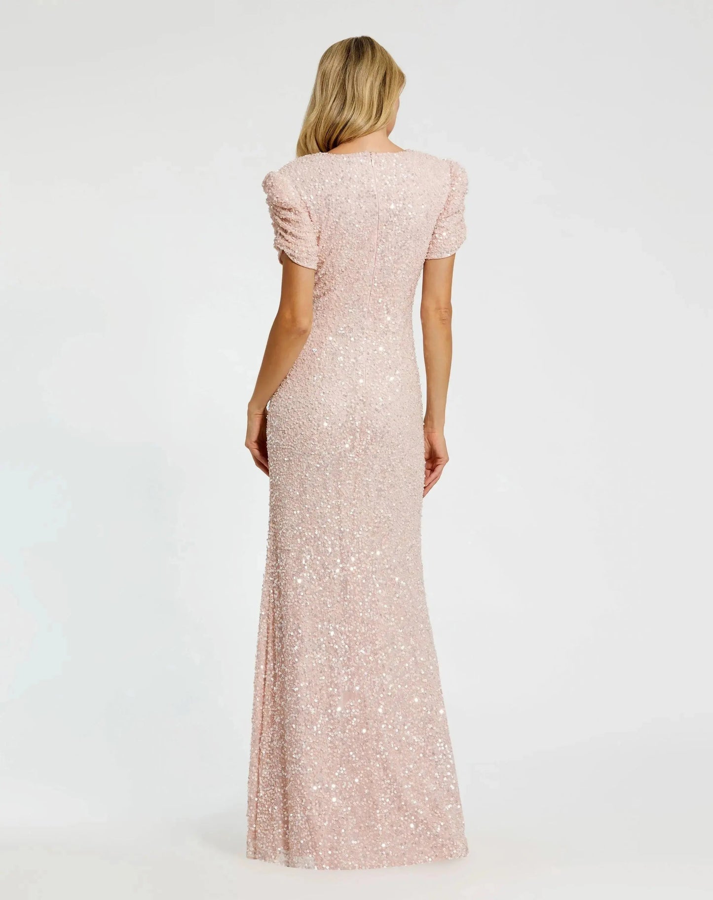 Pink Gathered Short Sleeve Embellished Gown