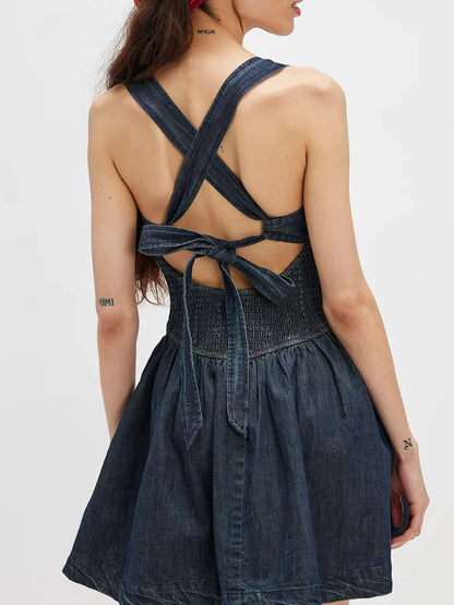Hazel Blues® |  Smocked Crisscross Back Denim Mini Dress