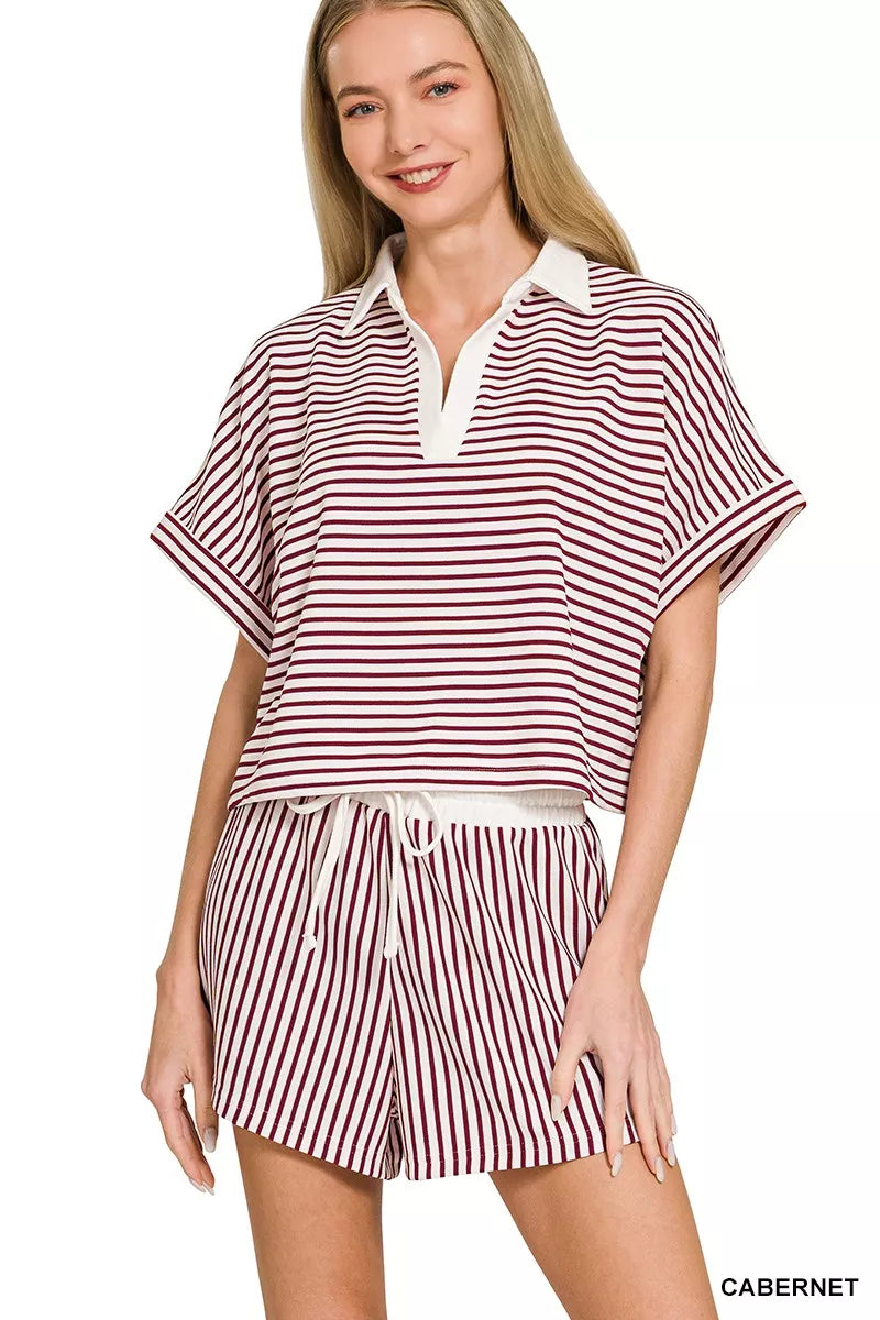 Hazel Blues® |  Zenana Striped Collared Top & Shorts Set