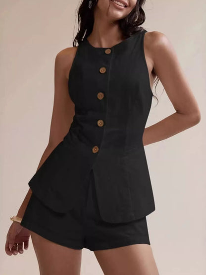 Hazel Blues® |  Button-Down Sleeveless Top and Shorts Set