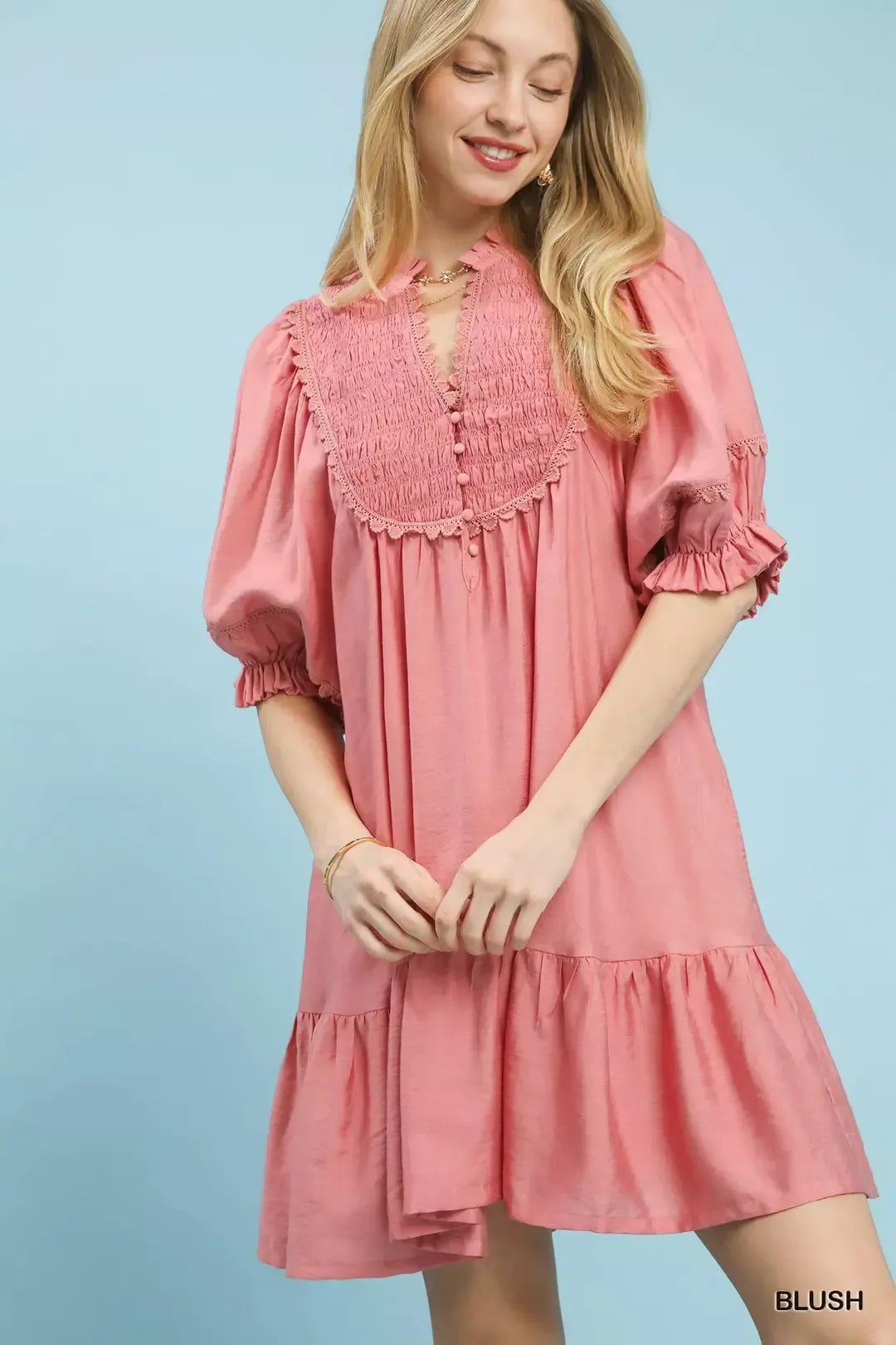 Hazel Blues® |  Umgee Smocked Bib Ruffle Hem Babydoll Dress