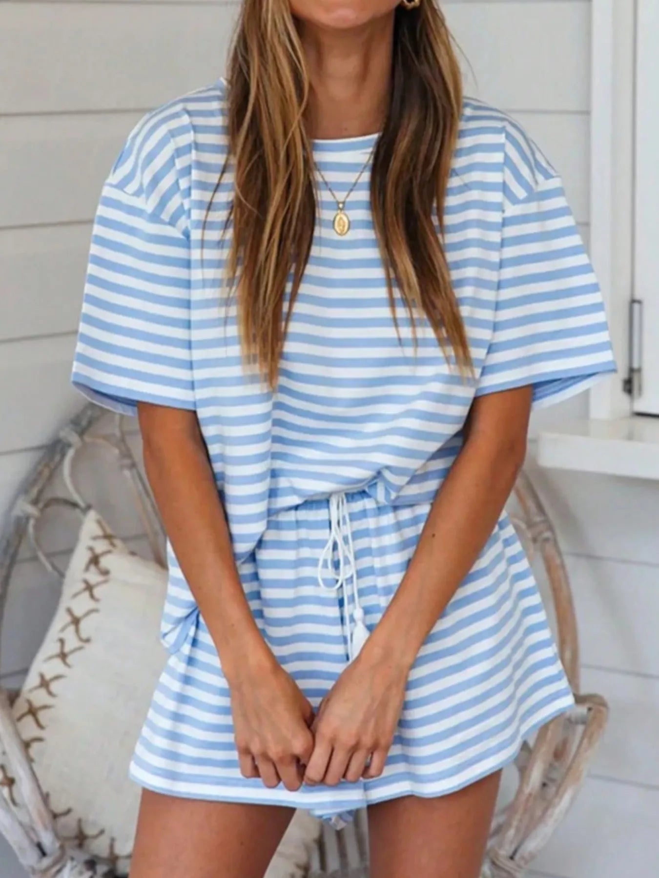 Hazel Blues® |  Striped Short Sleeve Tee and Drawstring Shorts Set