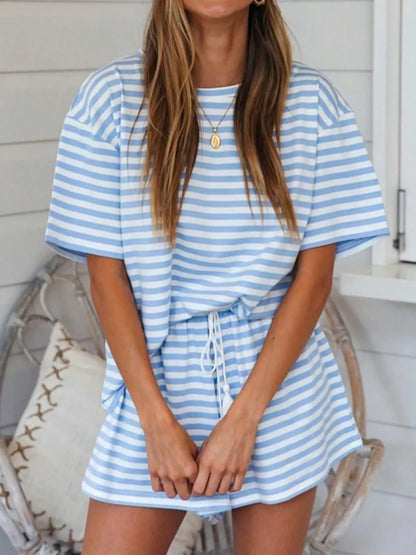Hazel Blues® |  Striped Short Sleeve Tee and Drawstring Shorts Set
