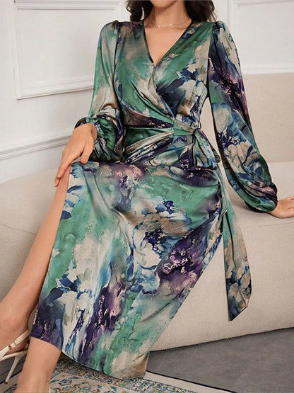 Hazel Blues® |  Printed Tie Waist Balloon Sleeve Dress