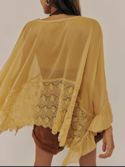 Hazel Blues® | Lace V-Neck Ruffle Long Sleeve Cover-Up
