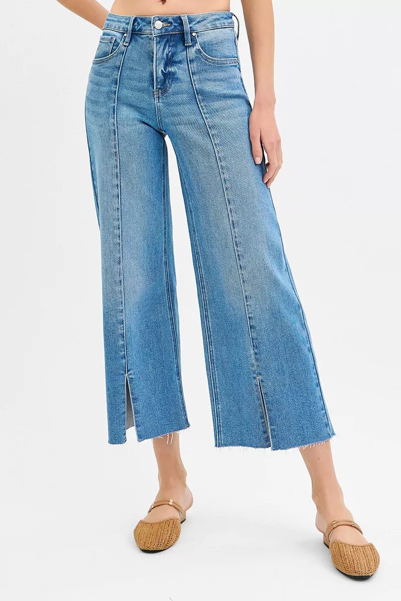 Hazel Blues® |  RISEN Tummy Control Mid Rise Crop Wide Front Slit Jeans