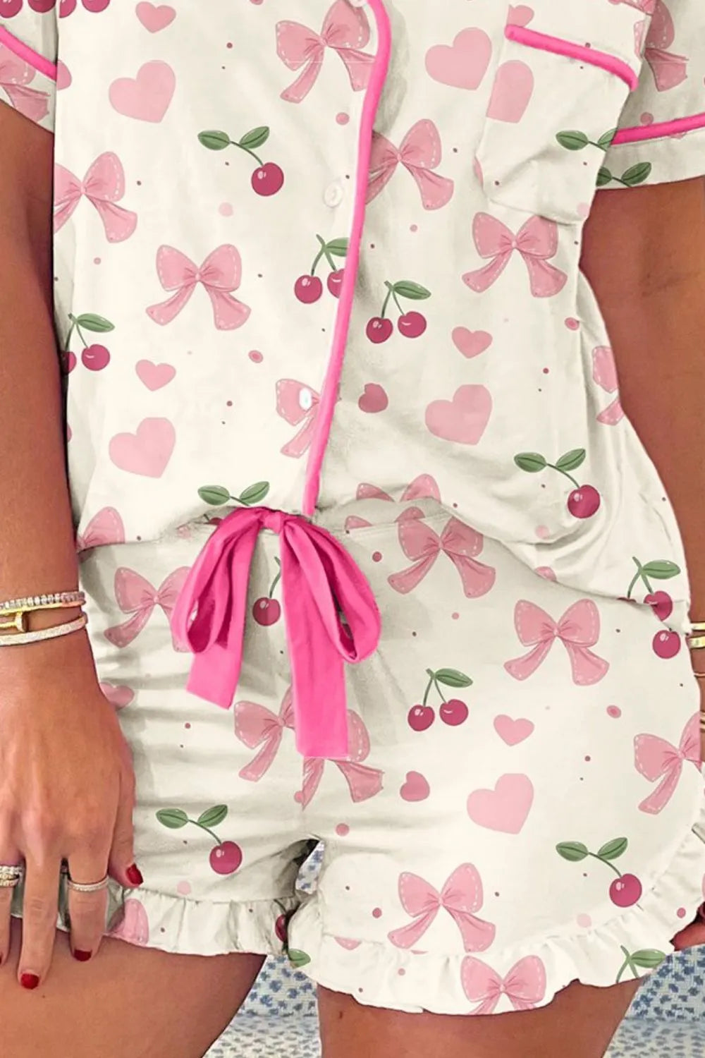 Hazel Blues® |  Printed Button Up Short Sleeve Top and Shorts Lounge Set