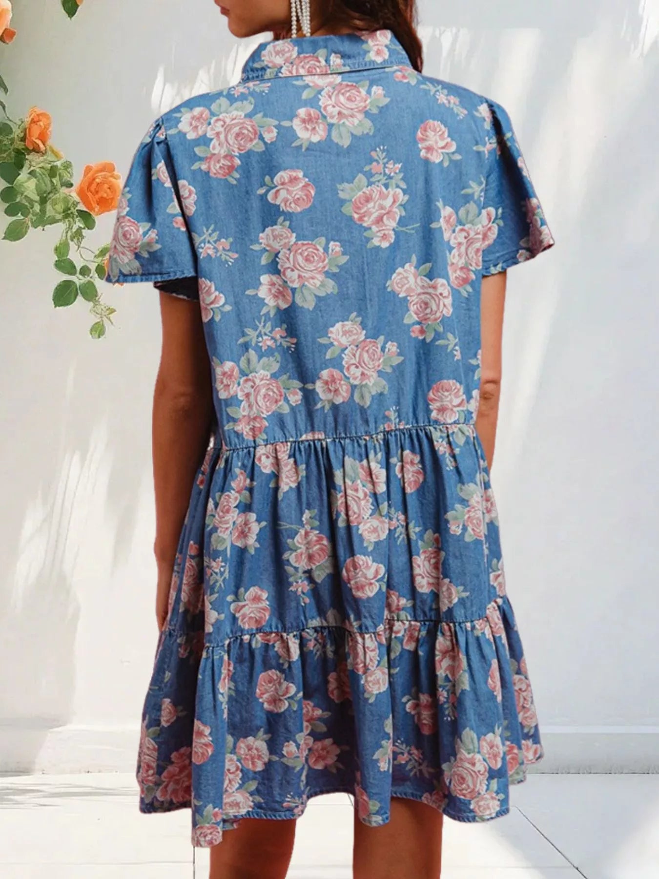 Hazel Blues® |  Floral Print Denim Button-Down Tiered Mini Dress