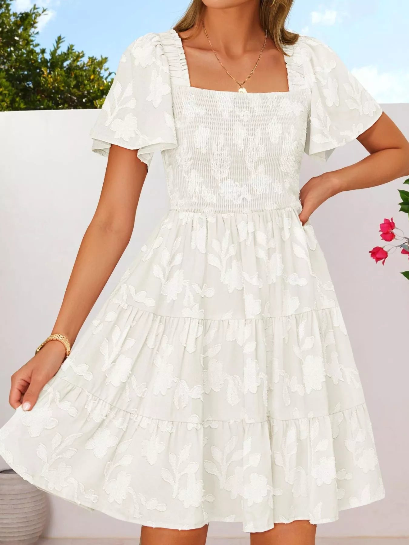 Hazel Blues® |  Smocked Square Neck Tiered Mini Dress