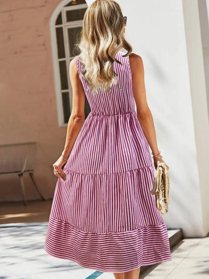 Hazel Blues® |  Striped Sleeveless Tiered Midi Dress