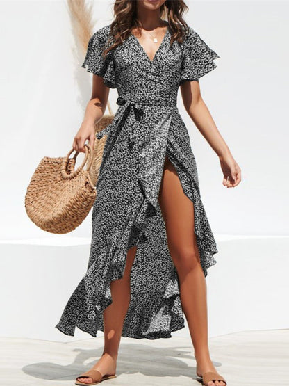 Hazel Blues® |  Tied Ruffled Printed Short Sleeve Midi Wrap Dress