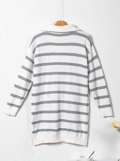 Hazel Blues® |  Striped O-ring Zip Collared Loose Sweater Mini Dress