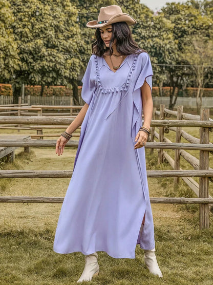 Hazel Blues® |  Side Slit Tie Neck Flutter Sleeve Dress