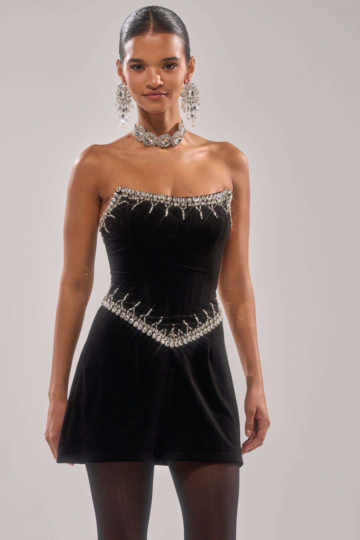 HIGH SOCIETY VELVET RHINESTONE MINI DRESS