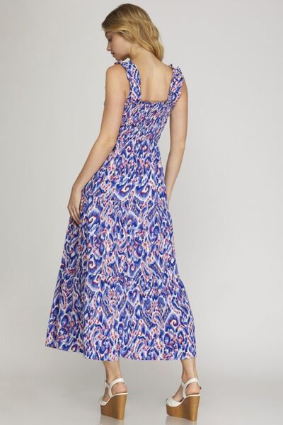 Hazel Blues® | She + Sky Smocked Printed Wide Strap Tiered Dress
