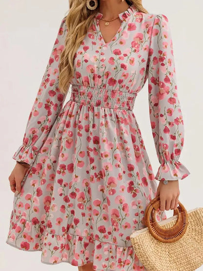 Hazel Blues® |  Floral Notched Flounce Sleeve Dress