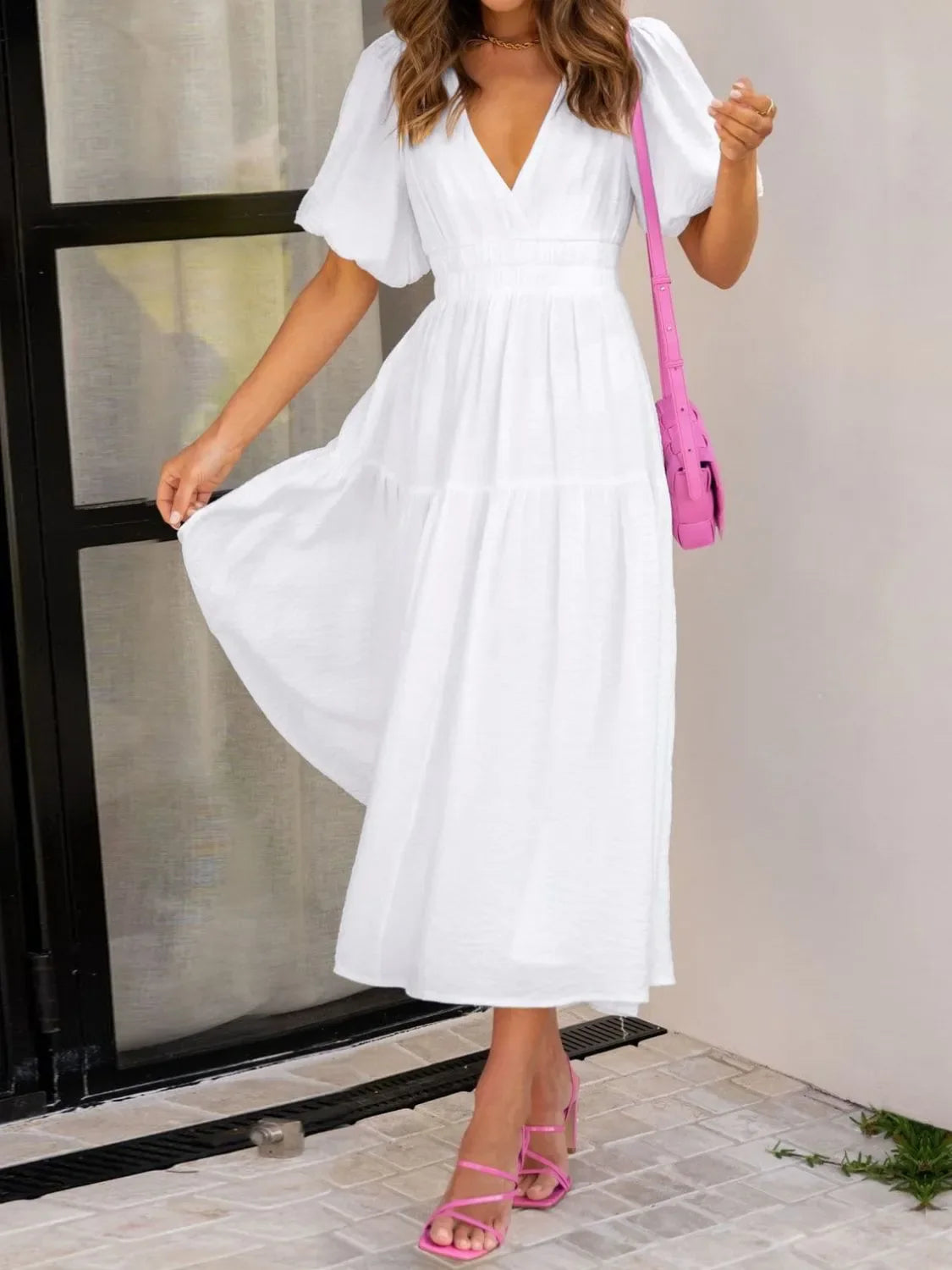 Hazel Blues® |  V-Neck Puff Sleeve Midi Dress