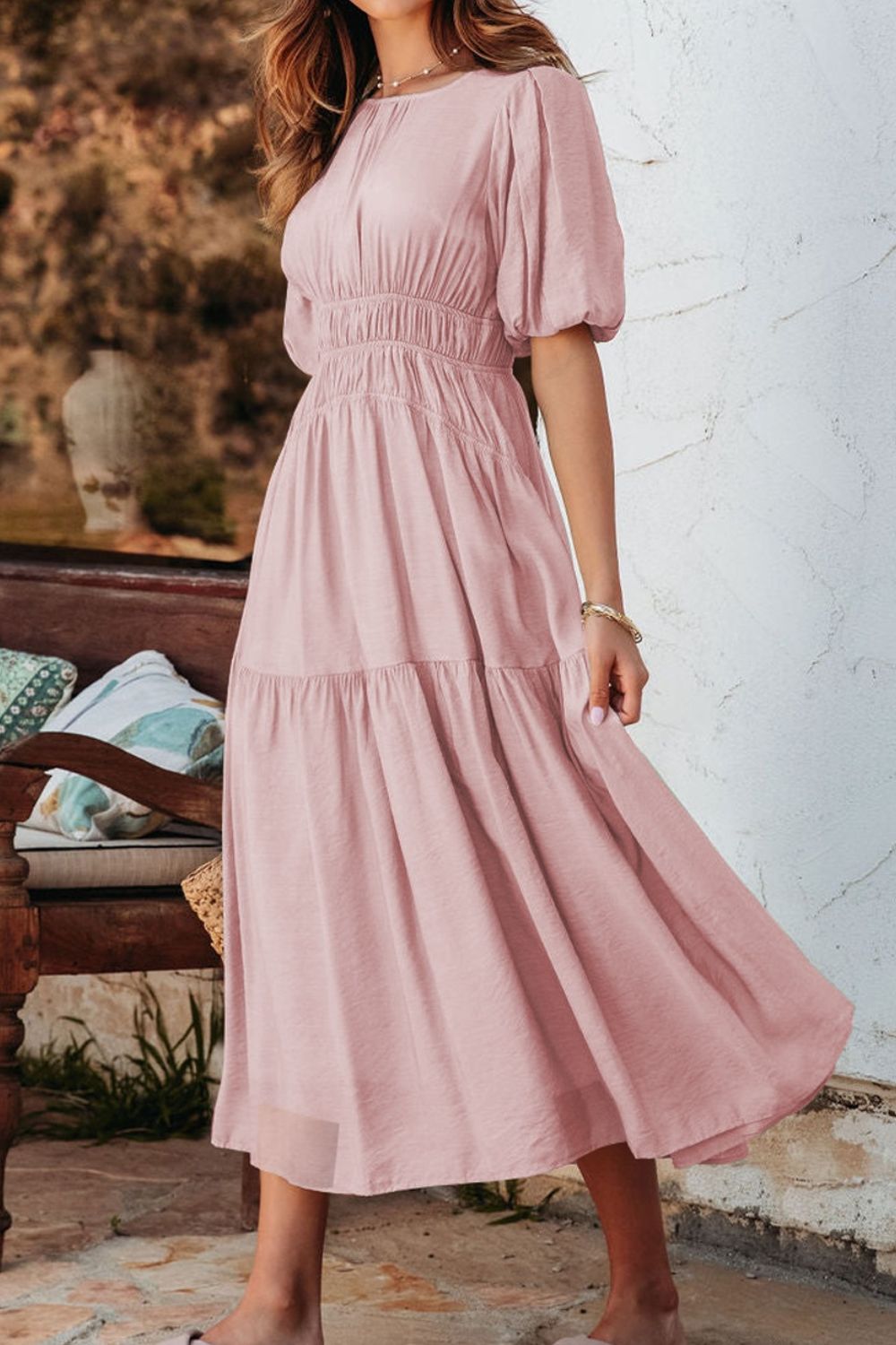 Hazel Blues® |  Puff Sleeve Pleated High Waist Flowy Midi Dress