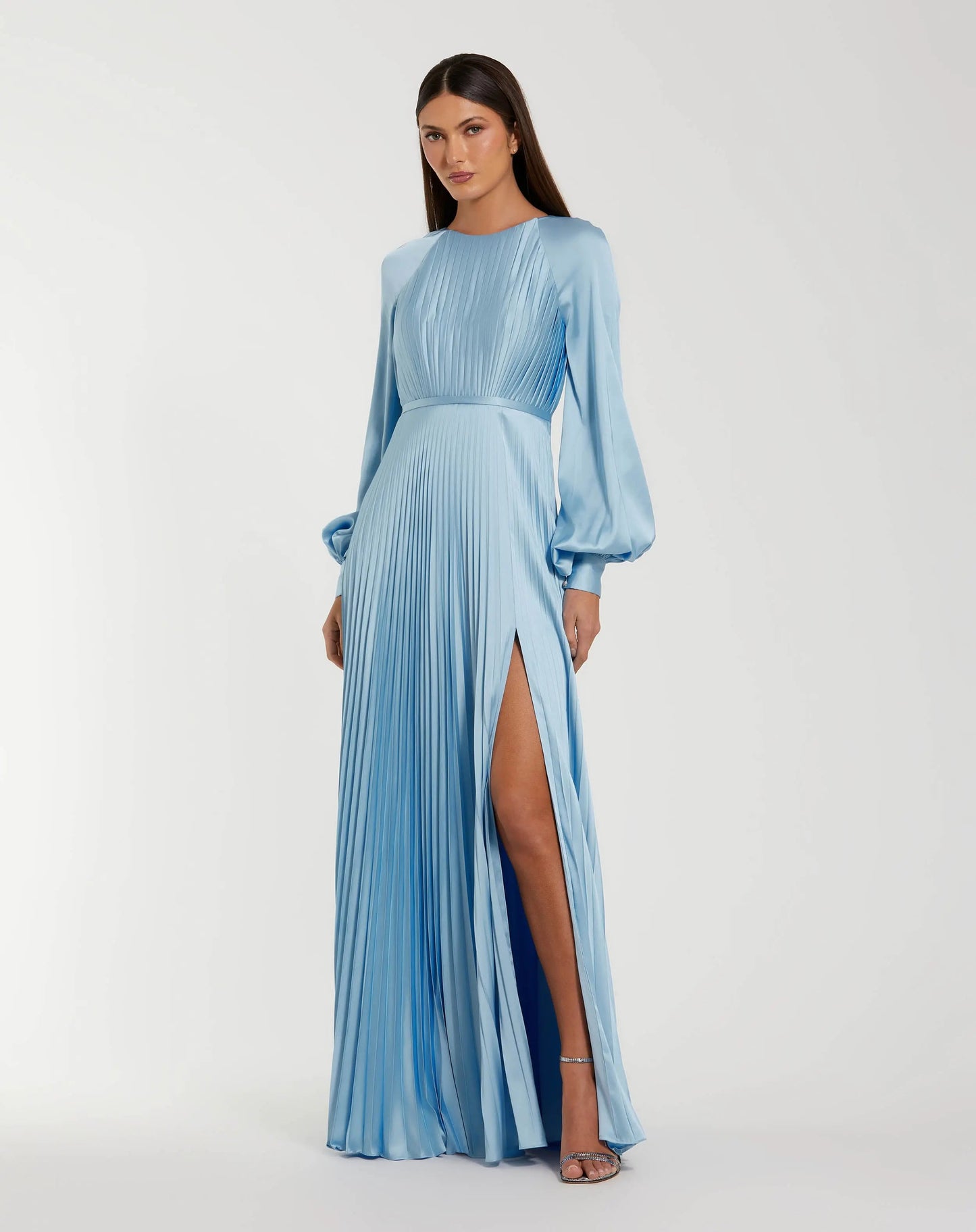 Pleated High Neck Raglan Long Sleeve Side Slit Gown
