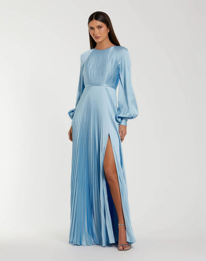 Pleated High Neck Raglan Long Sleeve Side Slit Gown