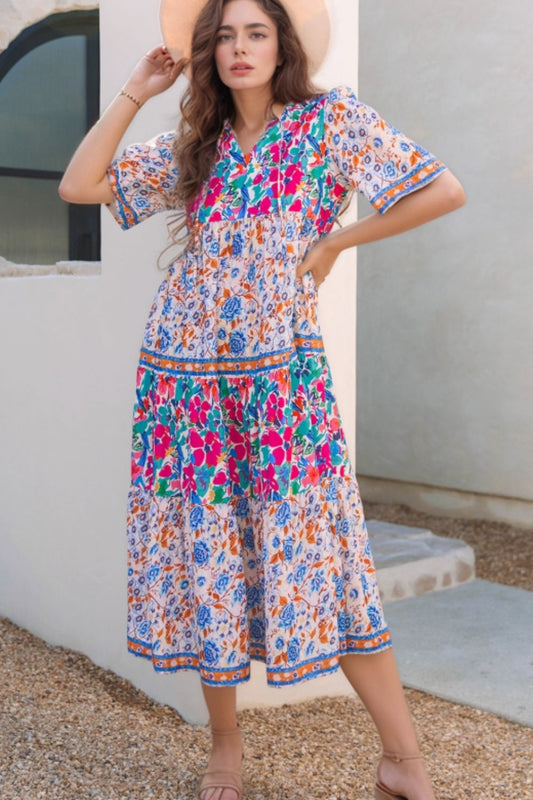 Hazel Blues® |  Mixed Floral Print Tie Neck Short Sleeve Dress