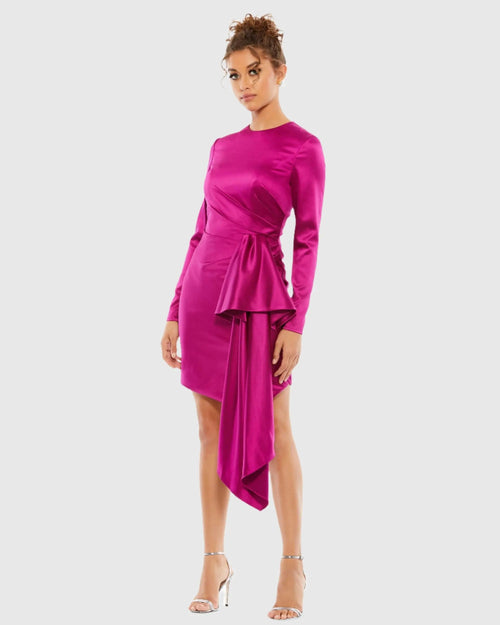 Purple Asymmetrical Draped Long Sleeve Mini Dress