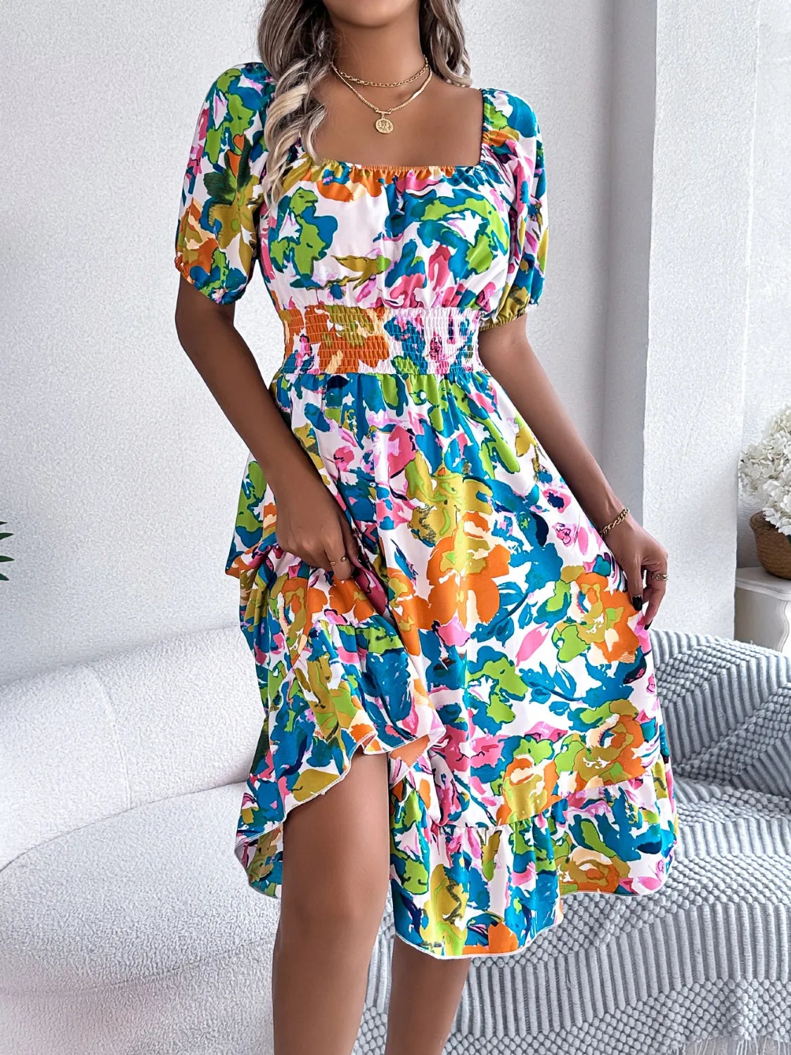 Hazel Blues® |  Ruffled Hem Smocked Floral Short Sleeve Midi Dress