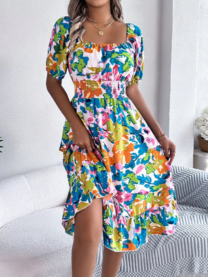 Hazel Blues® |  Ruffled Hem Smocked Floral Short Sleeve Midi Dress