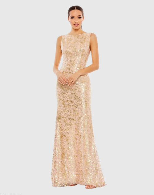 Pink Metallic Sequin Boat Neck Gown With Cowl Back