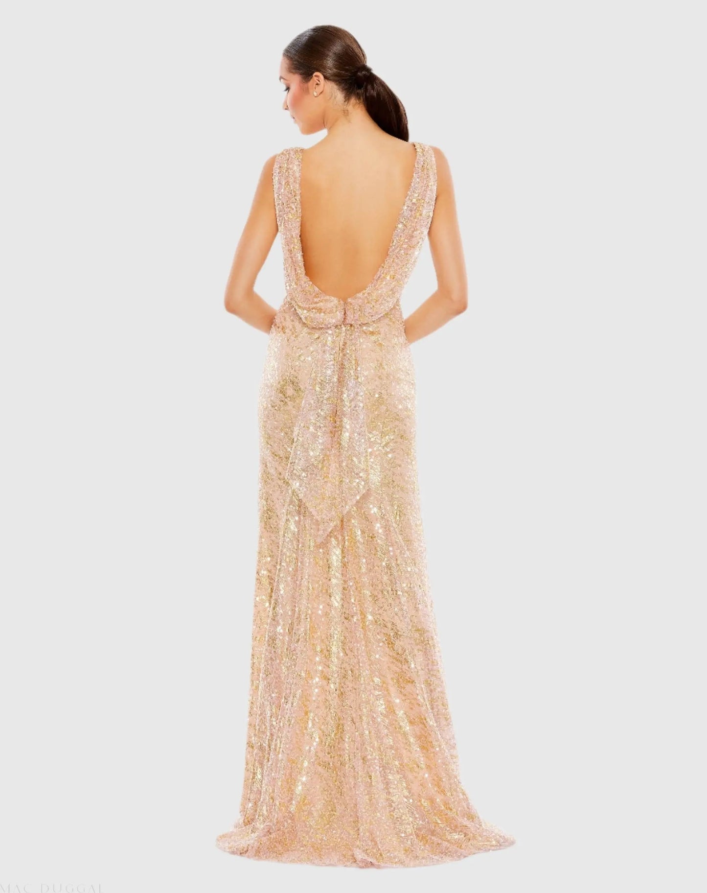 Pink Metallic Sequin Boat Neck Gown With Cowl Back