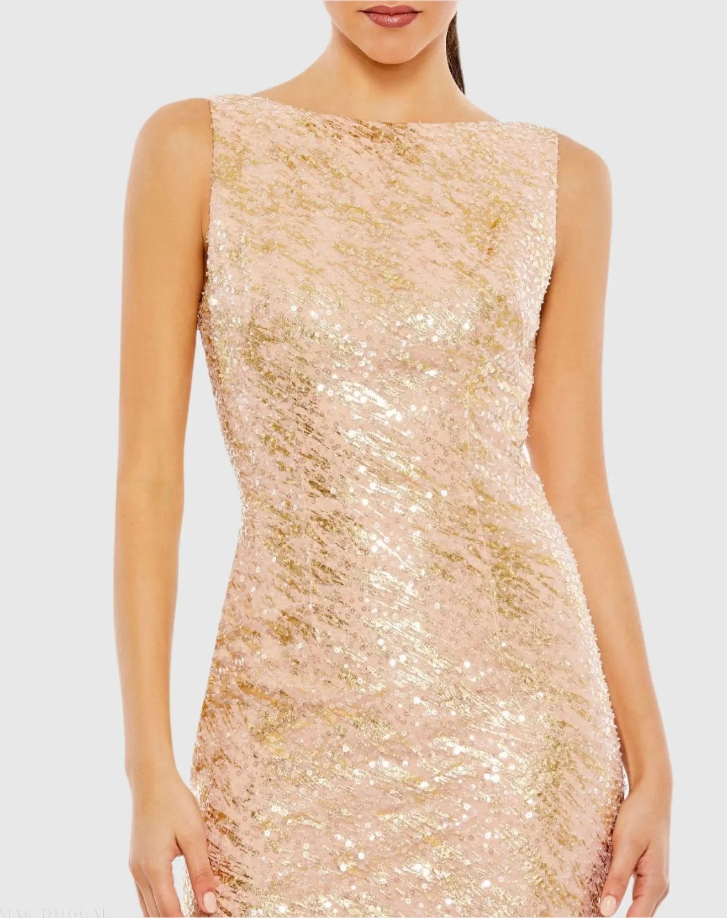 Pink Metallic Sequin Boat Neck Gown With Cowl Back