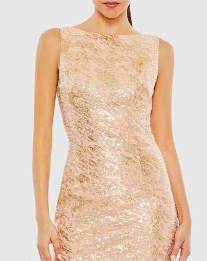 Pink Metallic Sequin Boat Neck Gown With Cowl Back